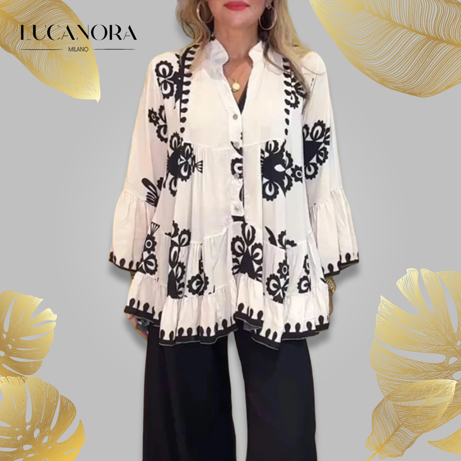 Ada Piemonte™ Top con volant sciolto sul davanti in stile boho con bottoni
