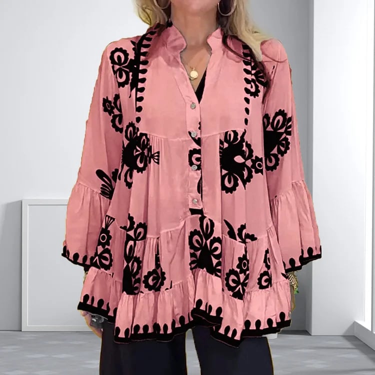 Ada Piemonte™ Top con volant sciolto sul davanti in stile boho con bottoni