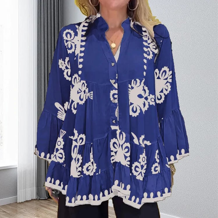 Ada Piemonte™ Top con volant sciolto sul davanti in stile boho con bottoni