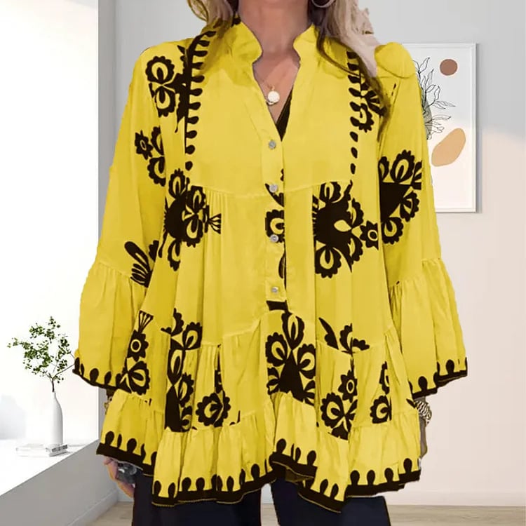 Ada Piemonte™ Top con volant sciolto sul davanti in stile boho con bottoni