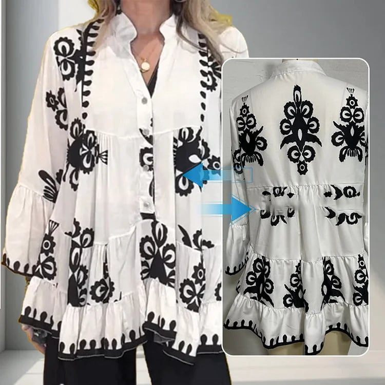 Ada Piemonte™ Top con volant sciolto sul davanti in stile boho con bottoni