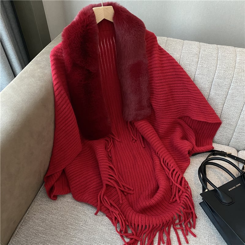 Alfonsa™️ Poncho invernale in maglia con nappina e collo in pelliccia