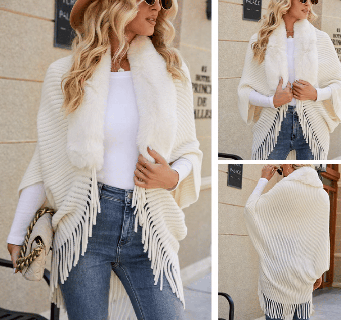 Alfonsa™️ Poncho invernale in maglia con nappina e collo in pelliccia