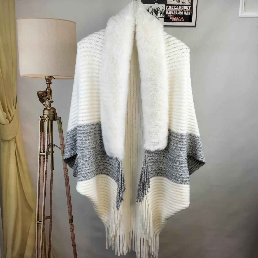 Alfonsa™️ Poncho invernale in maglia con nappina e collo in pelliccia