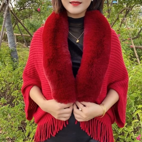 Alfonsa™️ Poncho invernale in maglia con nappina e collo in pelliccia