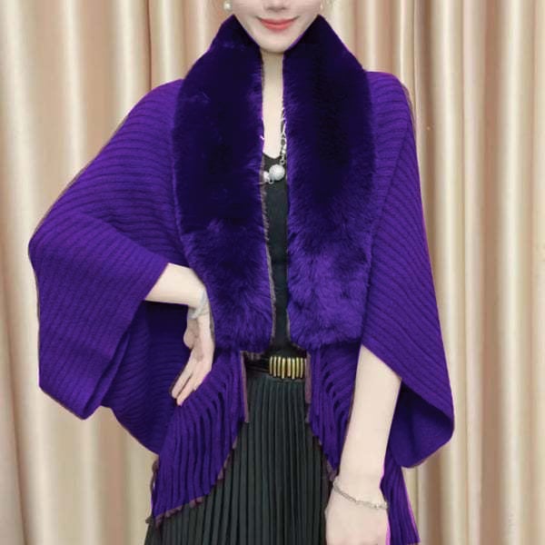 Alfonsa™️ Poncho invernale in maglia con nappina e collo in pelliccia