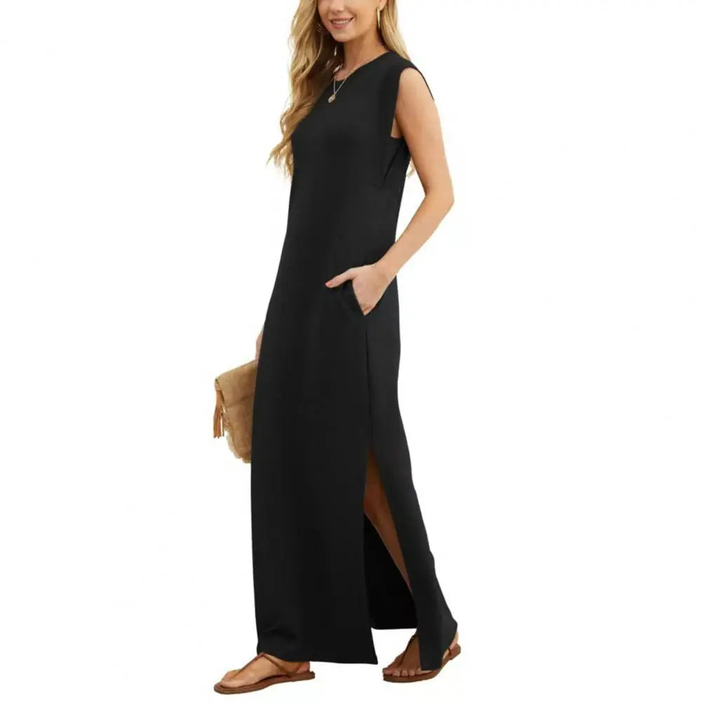 Alma Sunseri™ Maxi abito casual da donna con spacco largo e non stropicciato