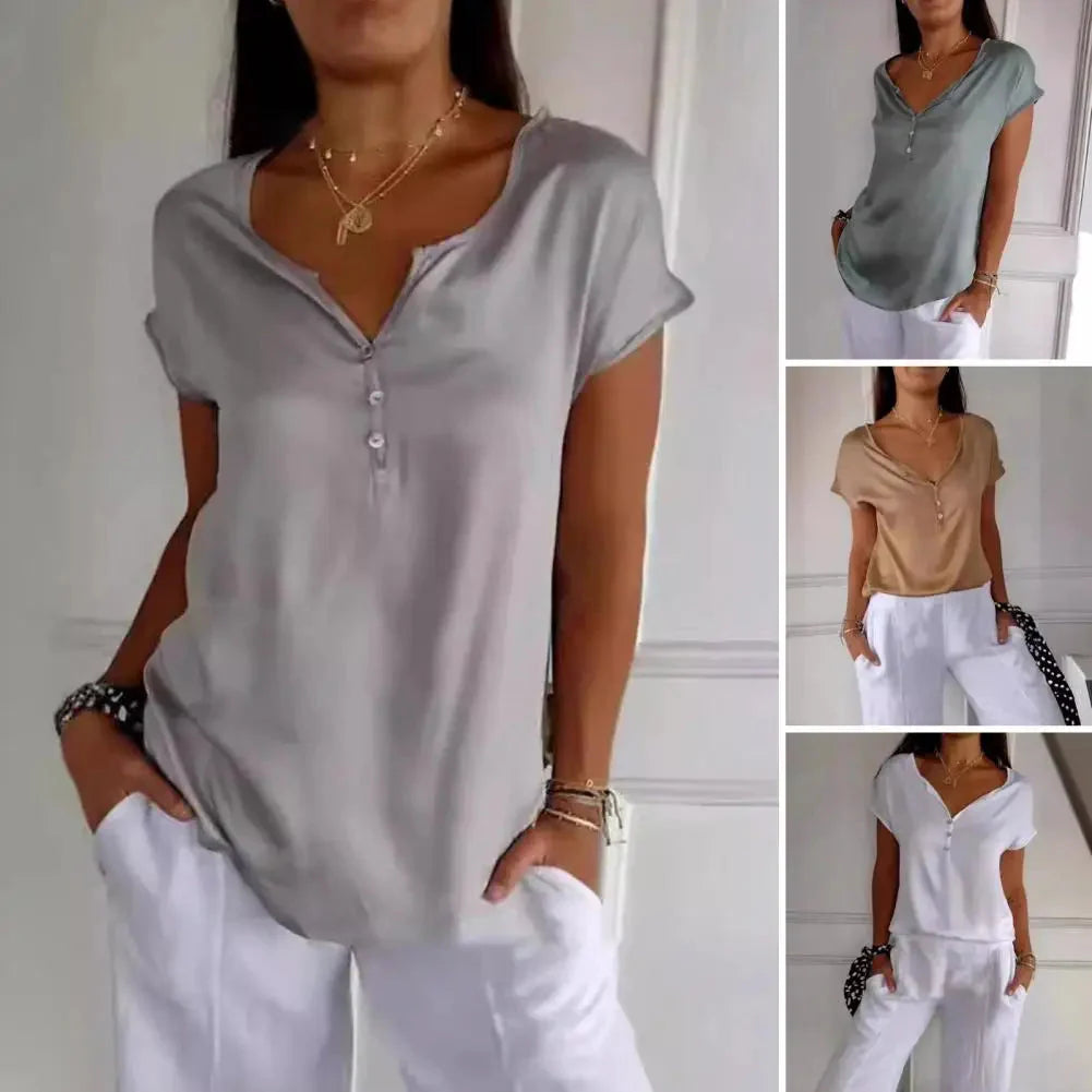 Enide™ T-shirt liscia a maniche corte con scollo a V