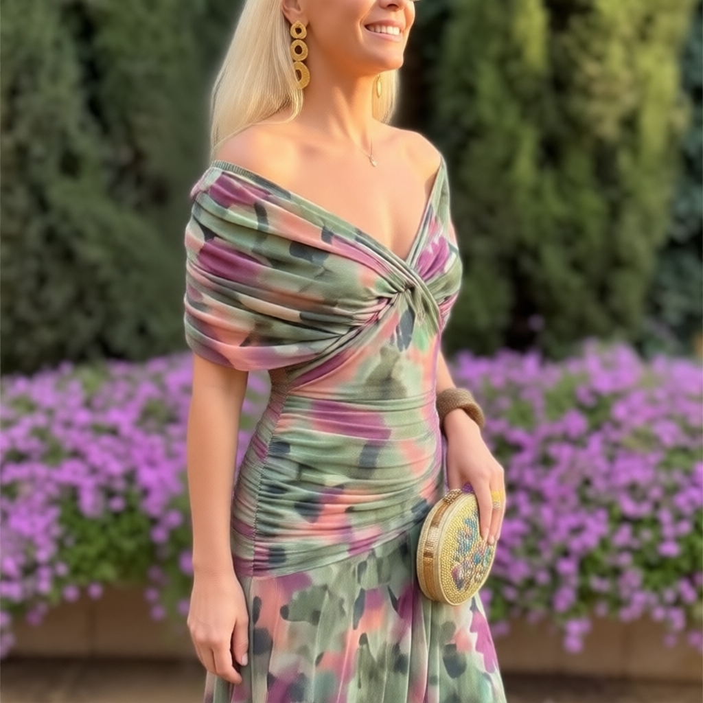 Enrichetta Bellori™ Abito stampato elegante con spalle scoperte
