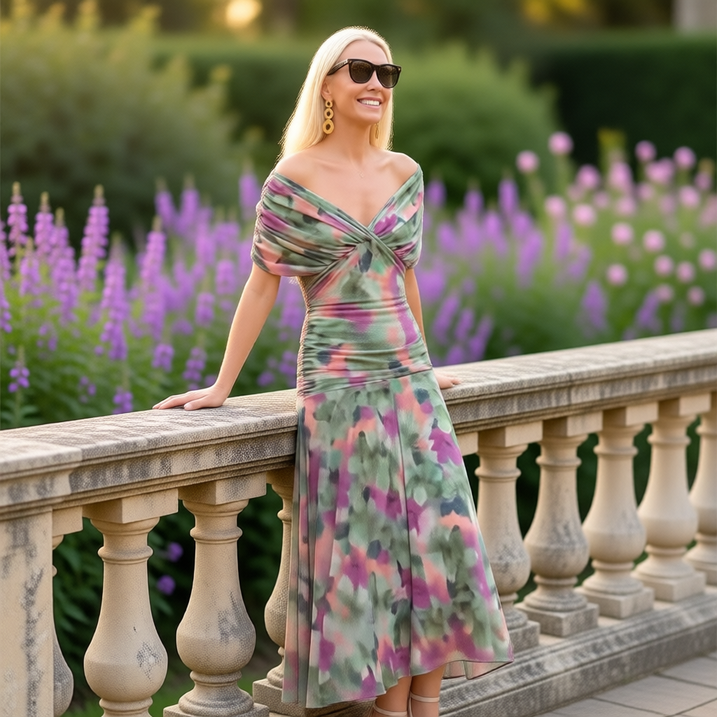 Enrichetta Bellori™ Abito stampato elegante con spalle scoperte