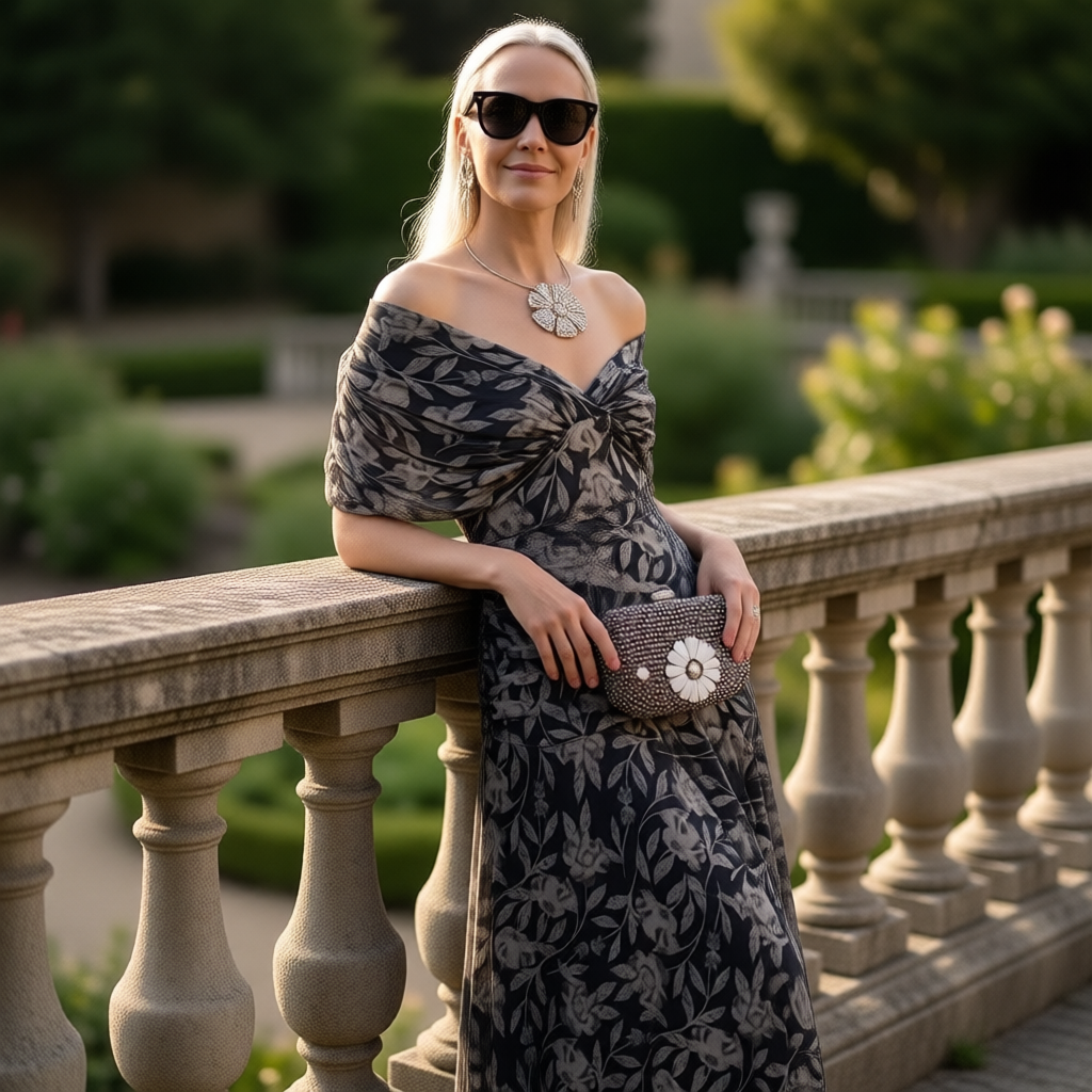 Enrichetta Bellori™ Abito stampato elegante con spalle scoperte