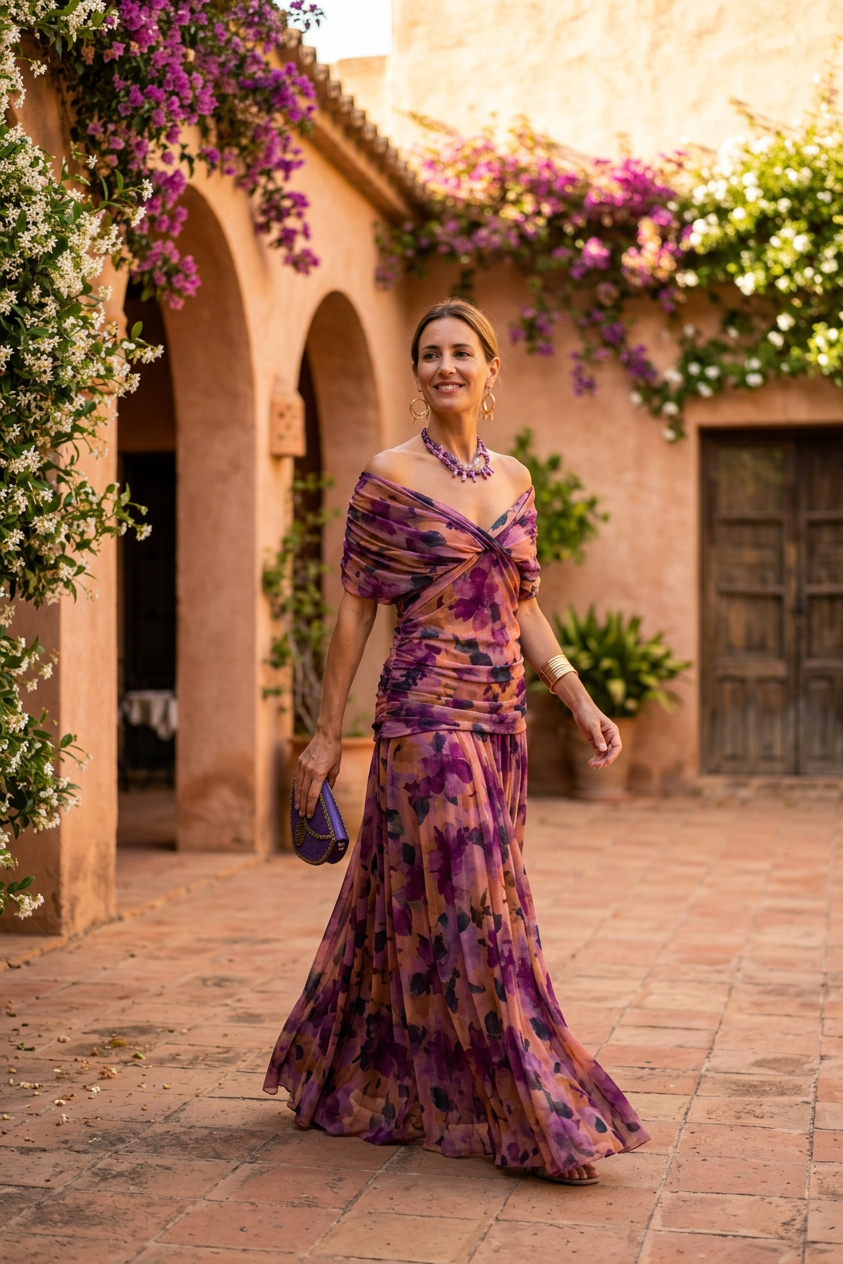 Gemma Beltrozi™ Abito stampato elegante con spalle scoperte