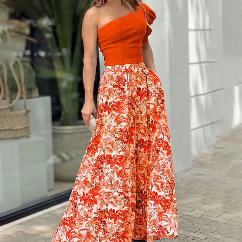 Melissa™ Pantaloni monospalla con maniche a sbuffo e pantaloni a fiori
