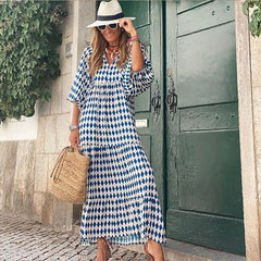 Miriam™ Maxi abito geometrico bohémien con maniche a sbuffo