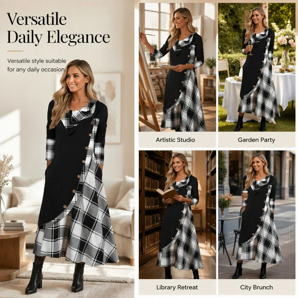 Adelaide Cassese™ Abito maxi a collo drappeggiato con fantasia scozzese per ogni giorno