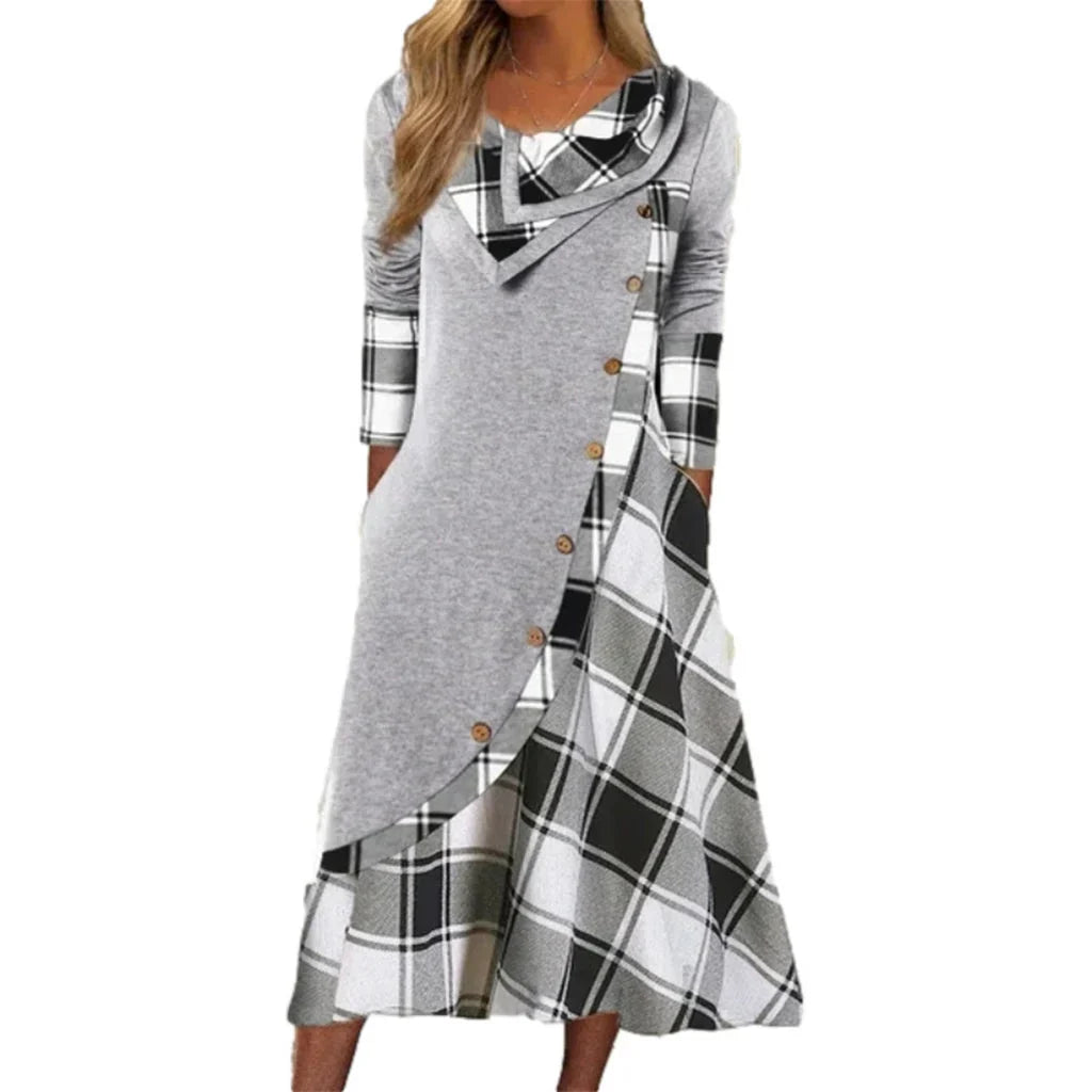 Adelaide Cassese™ Abito maxi a collo drappeggiato con fantasia scozzese per ogni giorno