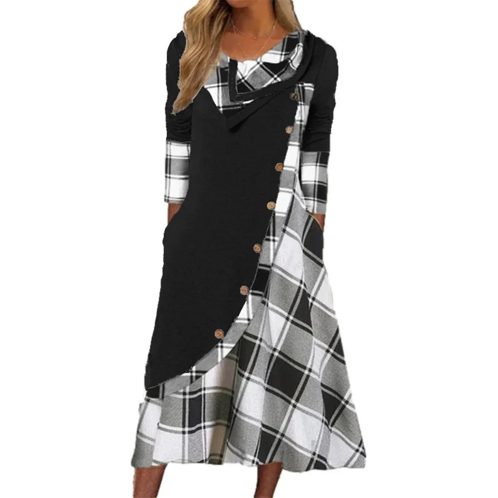 Adelaide Cassese™ Abito maxi a collo drappeggiato con fantasia scozzese per ogni giorno