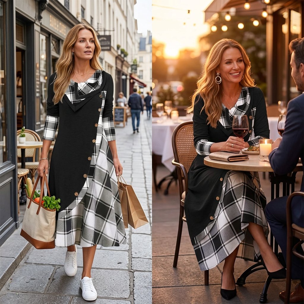 Adelaide Cassese™ Abito maxi a collo drappeggiato con fantasia scozzese per ogni giorno