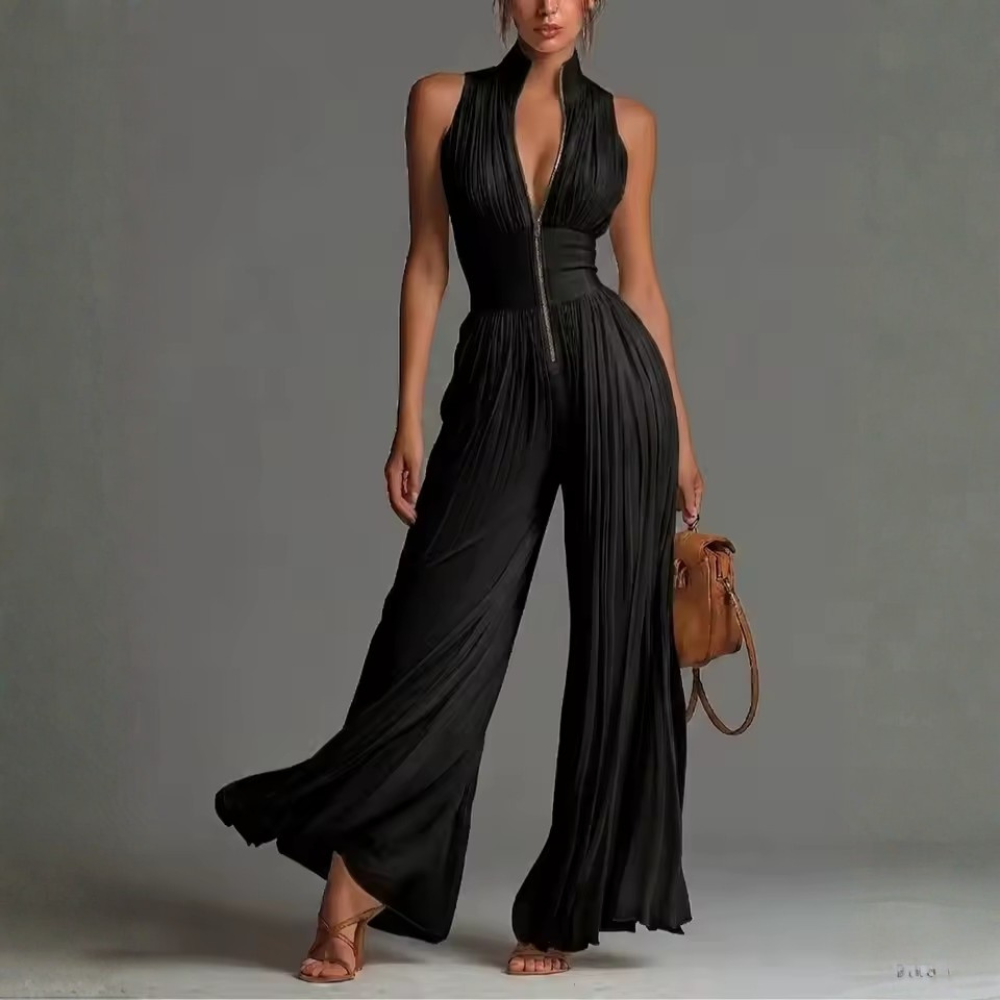 Andreina Amato™ Tuta elegante in chiffon a gamba larga con pannelli plissettati