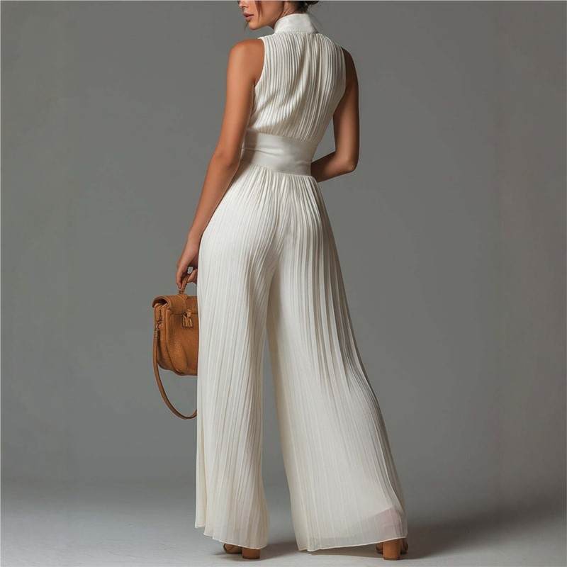 Andreina Amato™ Tuta elegante in chiffon a gamba larga con pannelli plissettati