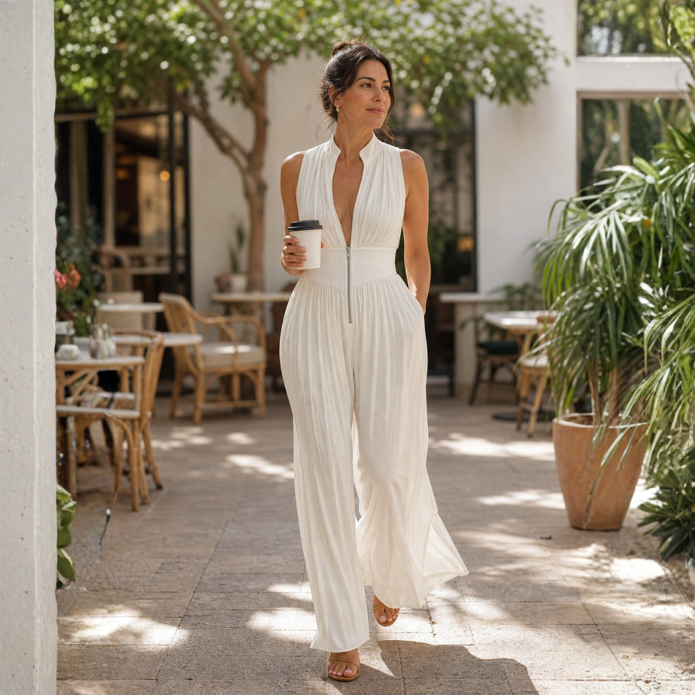 Andreina Amato™ Tuta elegante in chiffon a gamba larga con pannelli plissettati