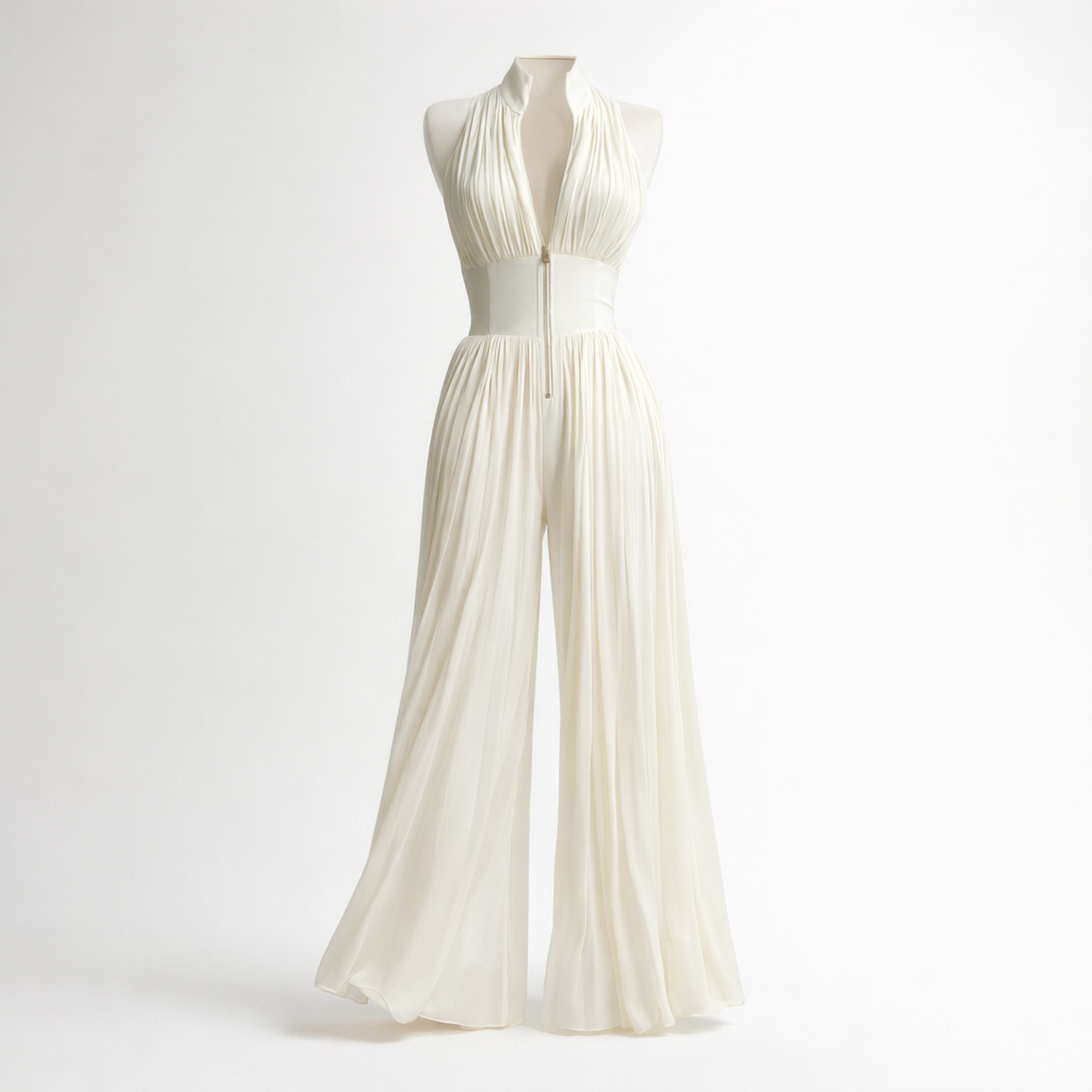 Andreina Amato™ Tuta elegante in chiffon a gamba larga con pannelli plissettati