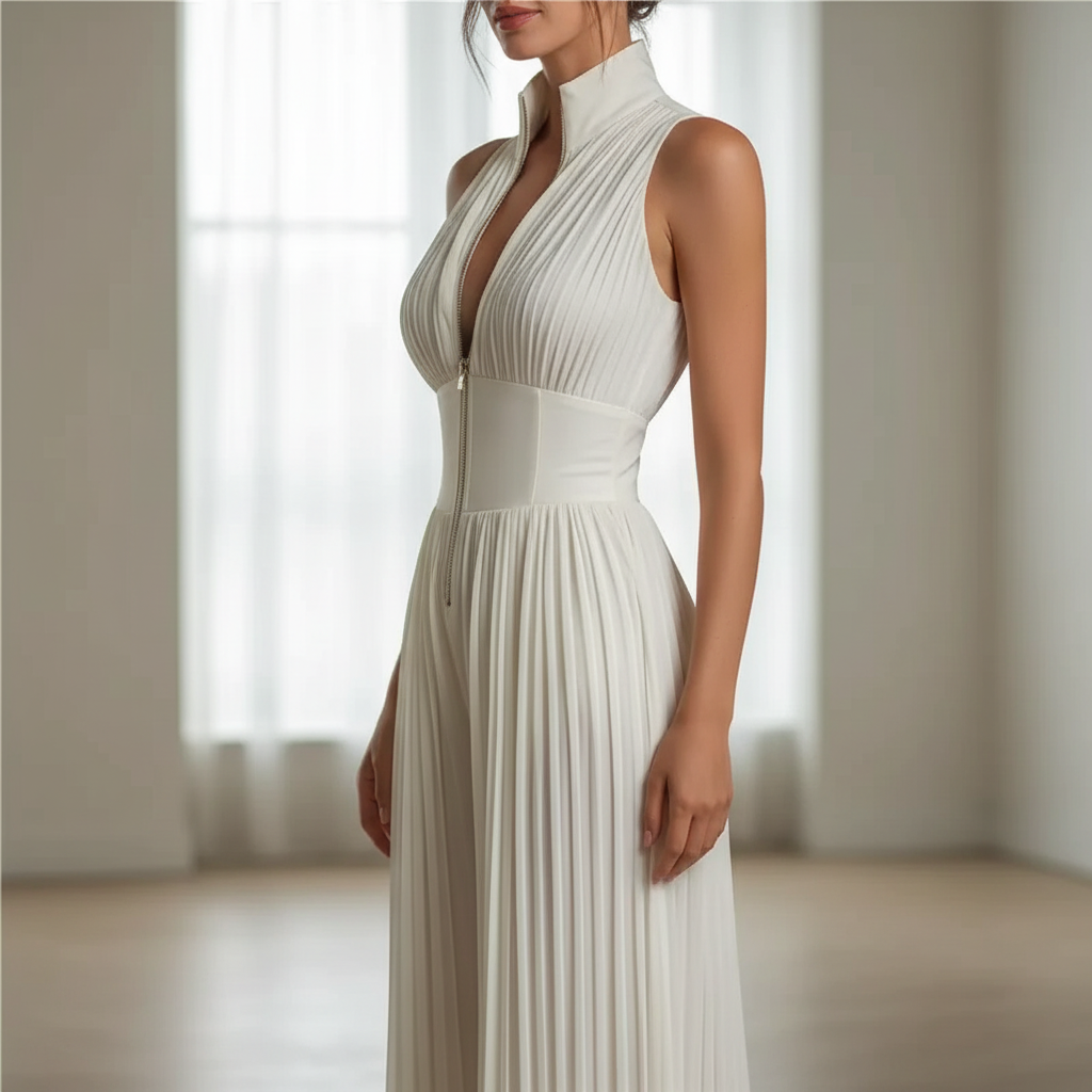 Andreina Amato™ Tuta elegante in chiffon a gamba larga con pannelli plissettati