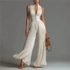 Andreina Amato™ Tuta elegante in chiffon a gamba larga con pannelli plissettati
