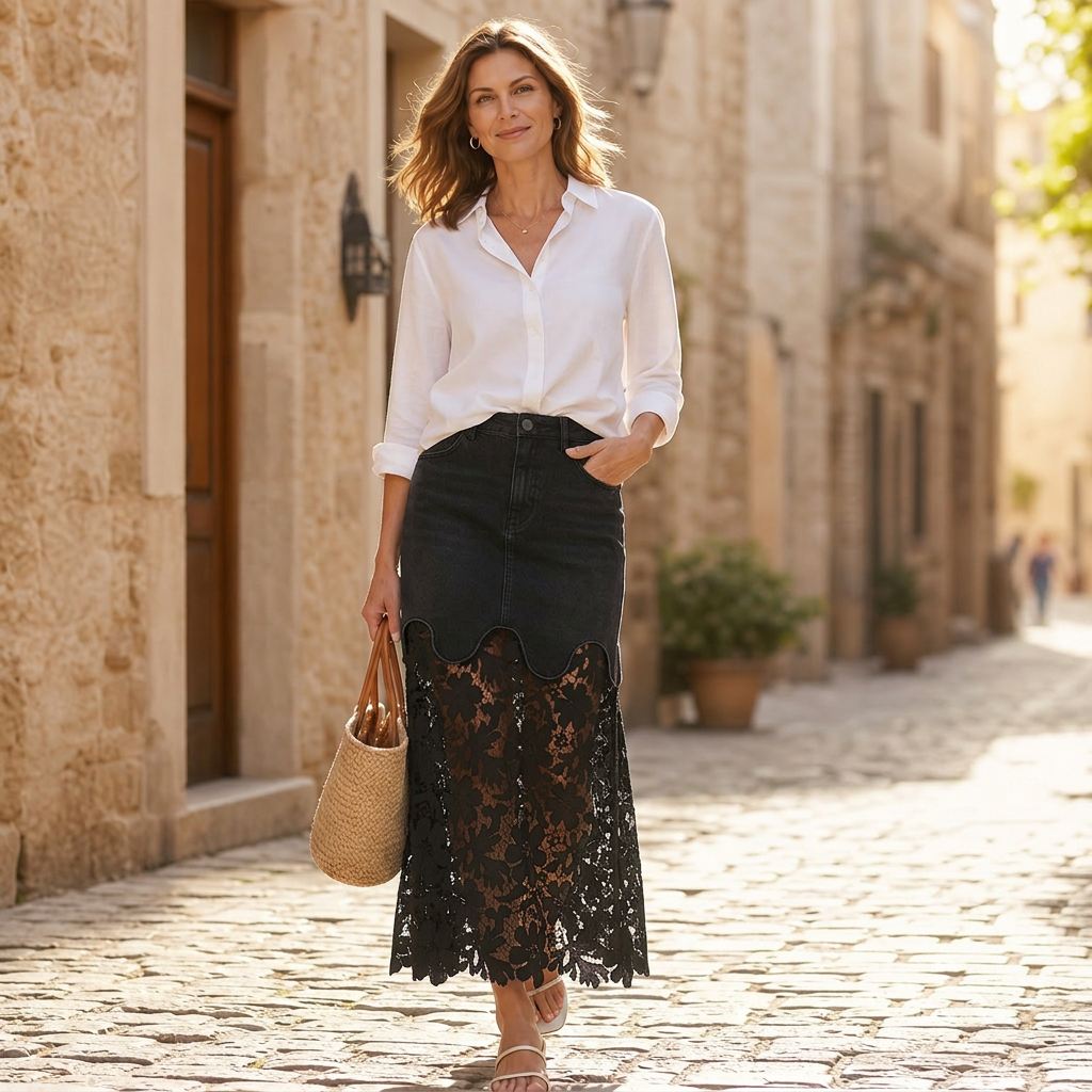 Aurora Moschini™ Gonna elegante con pizzo e cut-out
