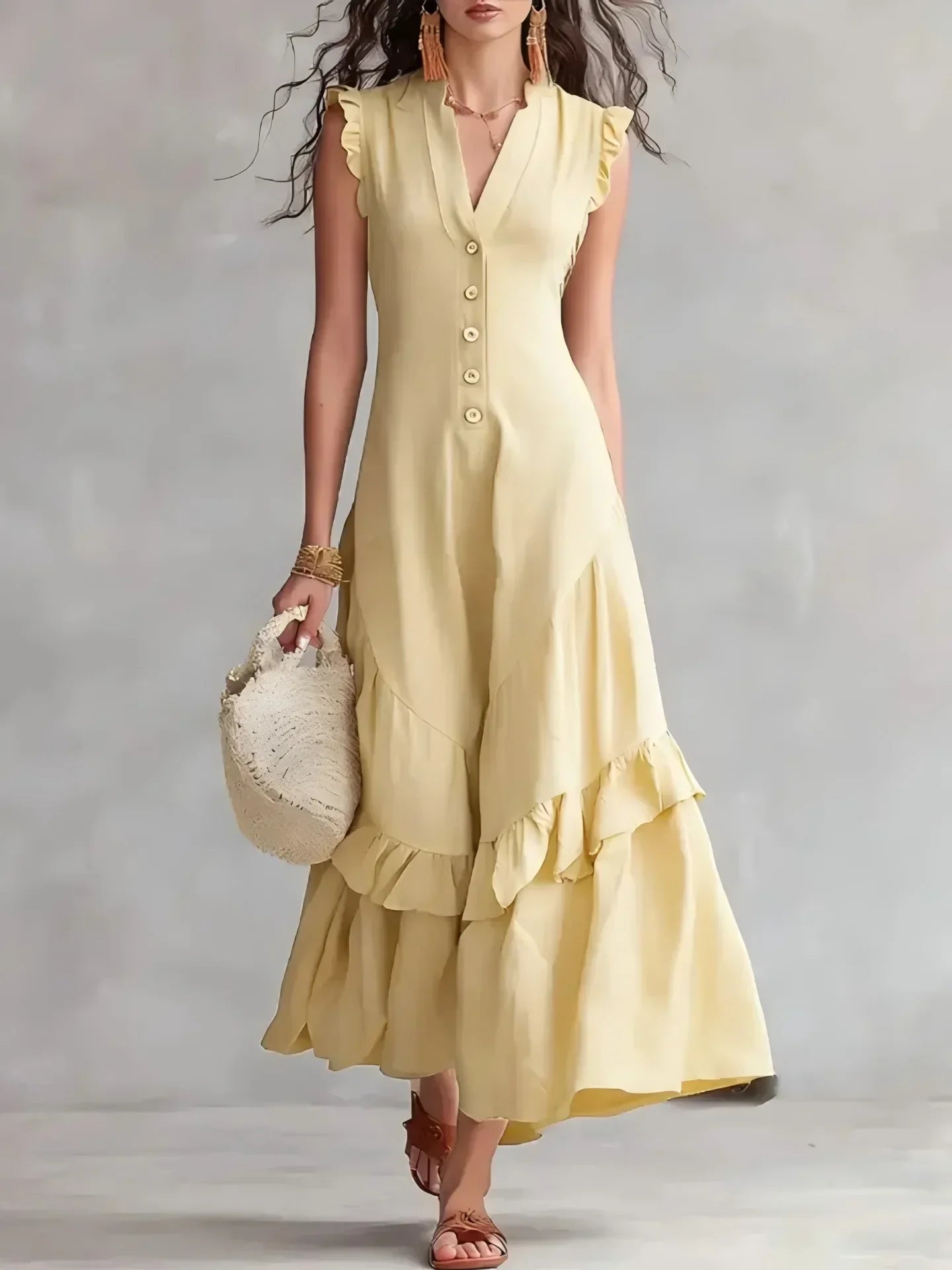 Delia Raffi™ Vestito maxi fluido con volant per le giornate calde