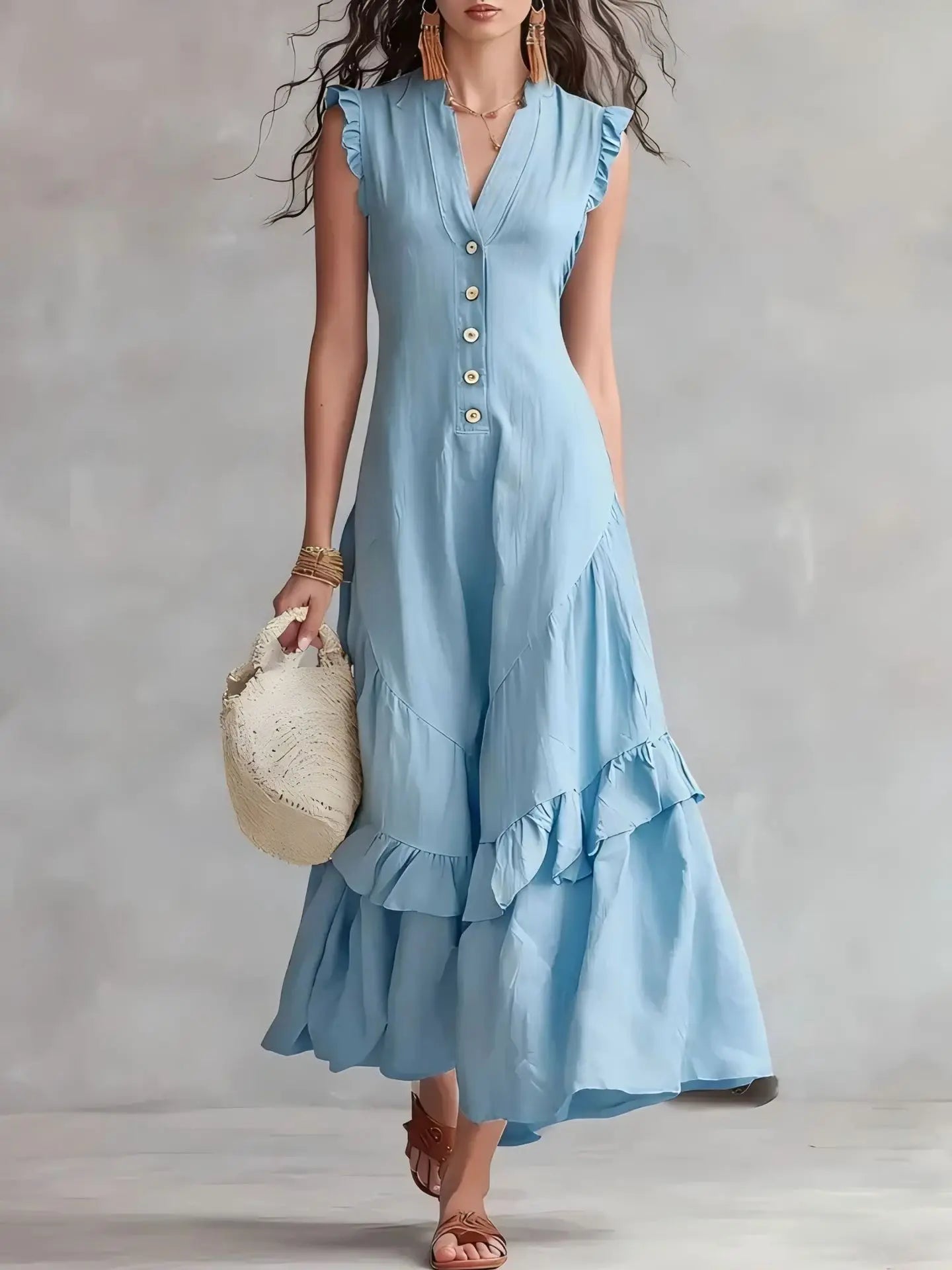 Delia Raffi™ Vestito maxi fluido con volant per le giornate calde