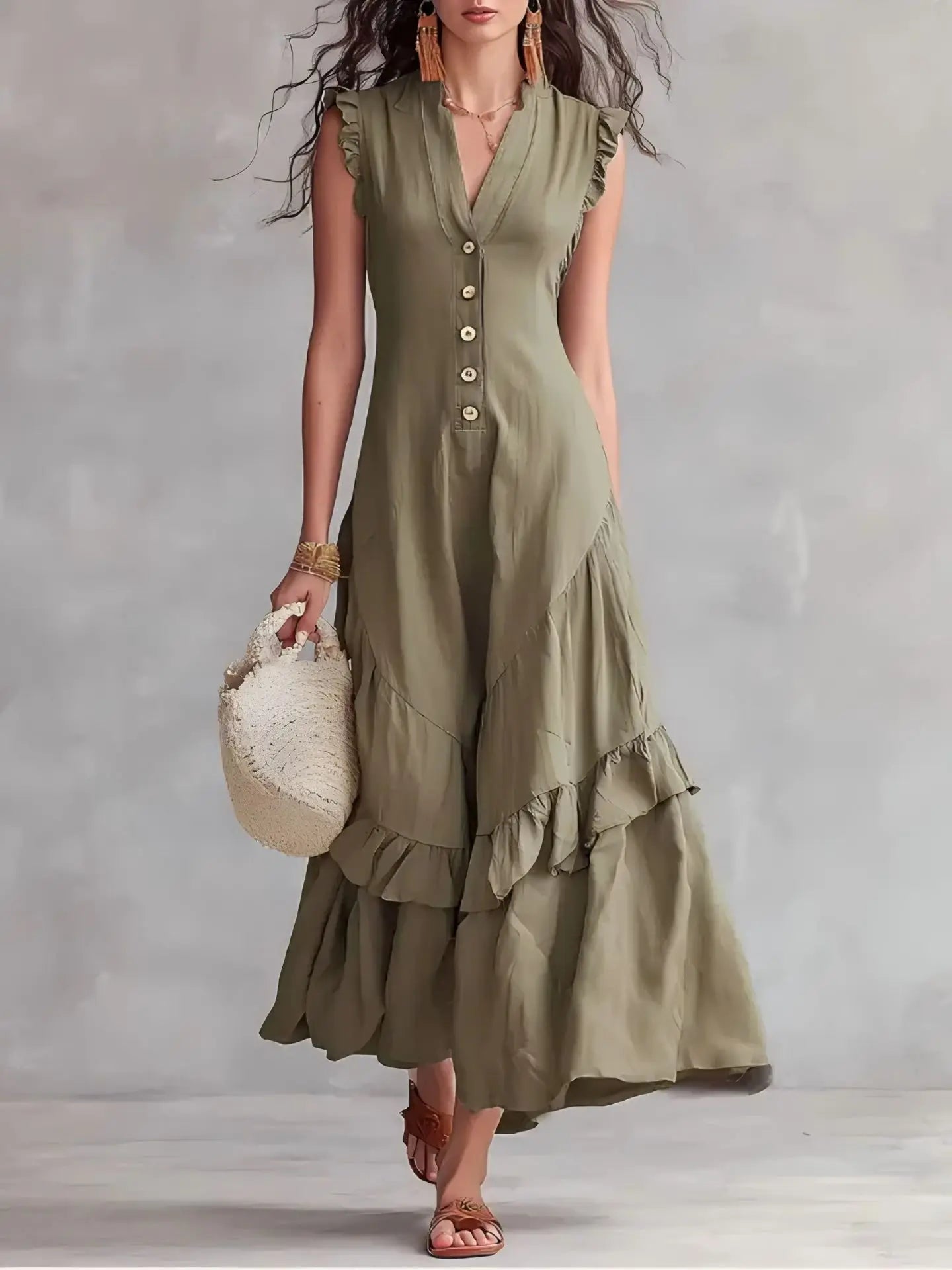 Delia Raffi™ Vestito maxi fluido con volant per le giornate calde