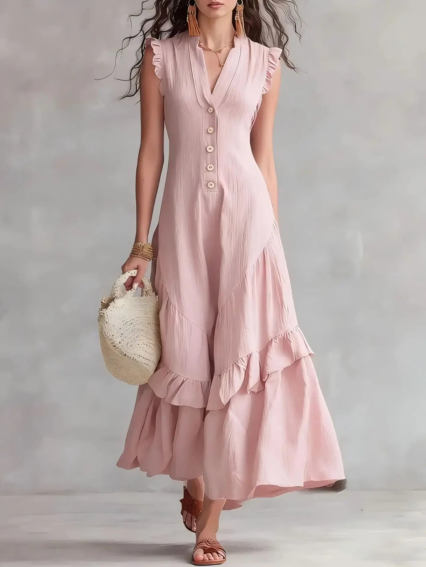 Delia Raffi™ Vestito maxi fluido con volant per le giornate calde