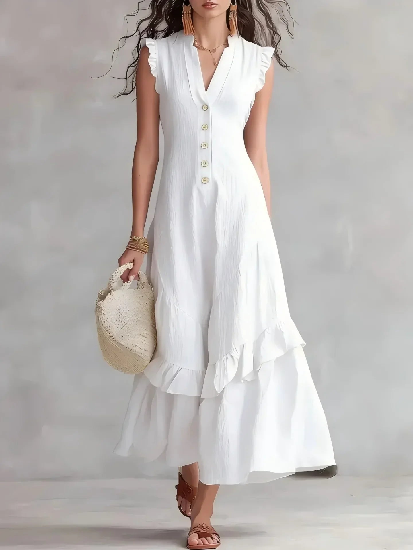 Delia Raffi™ Vestito maxi fluido con volant per le giornate calde