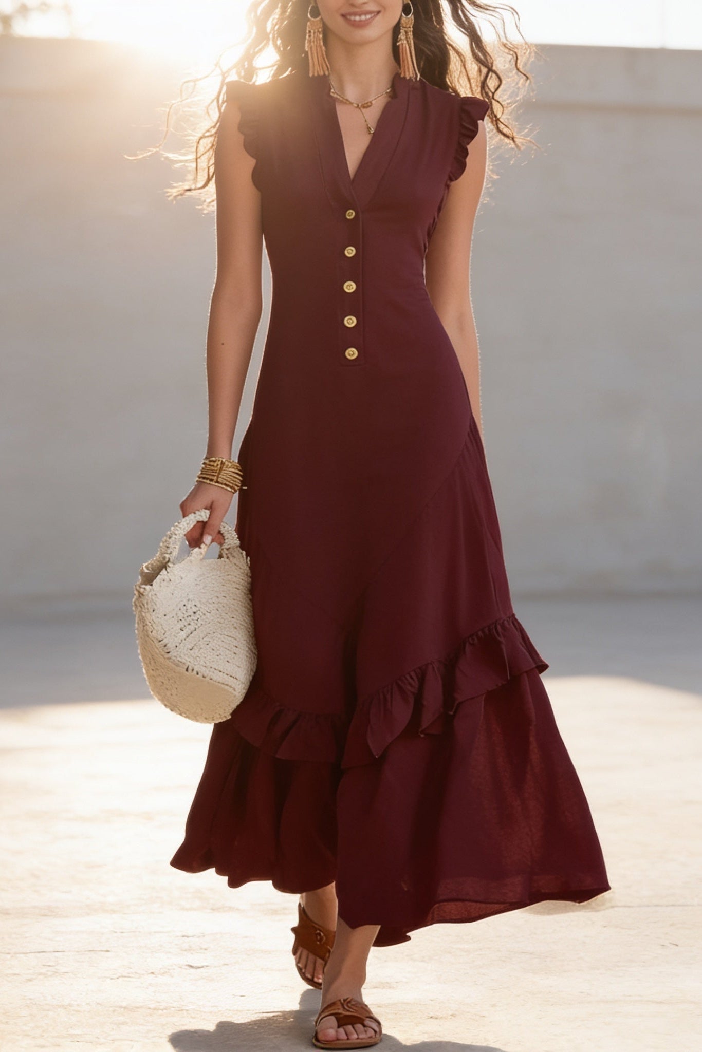 Delia Raffi™ Vestito maxi fluido con volant per le giornate calde