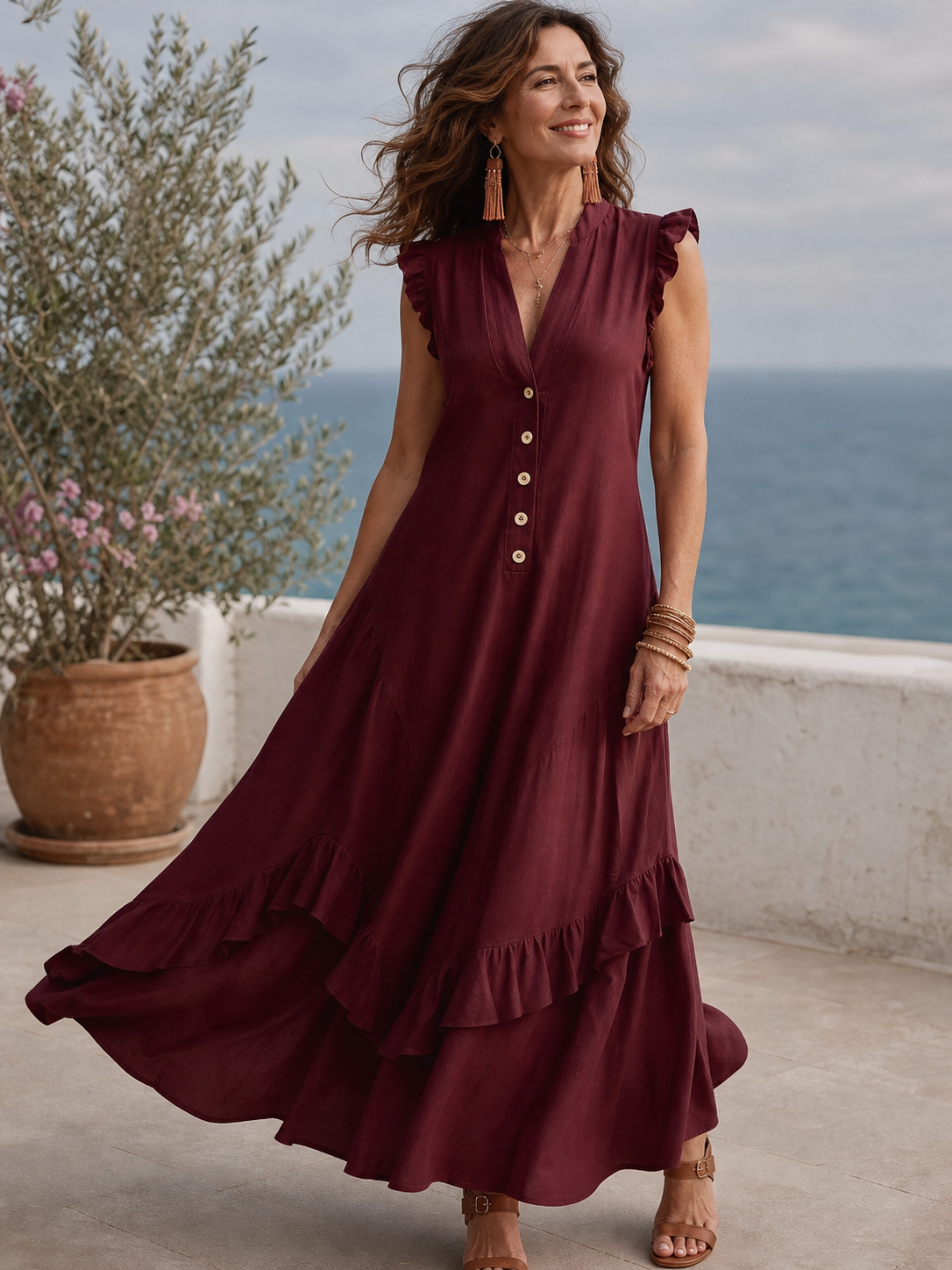 Delia Raffi™ Vestito maxi fluido con volant per le giornate calde