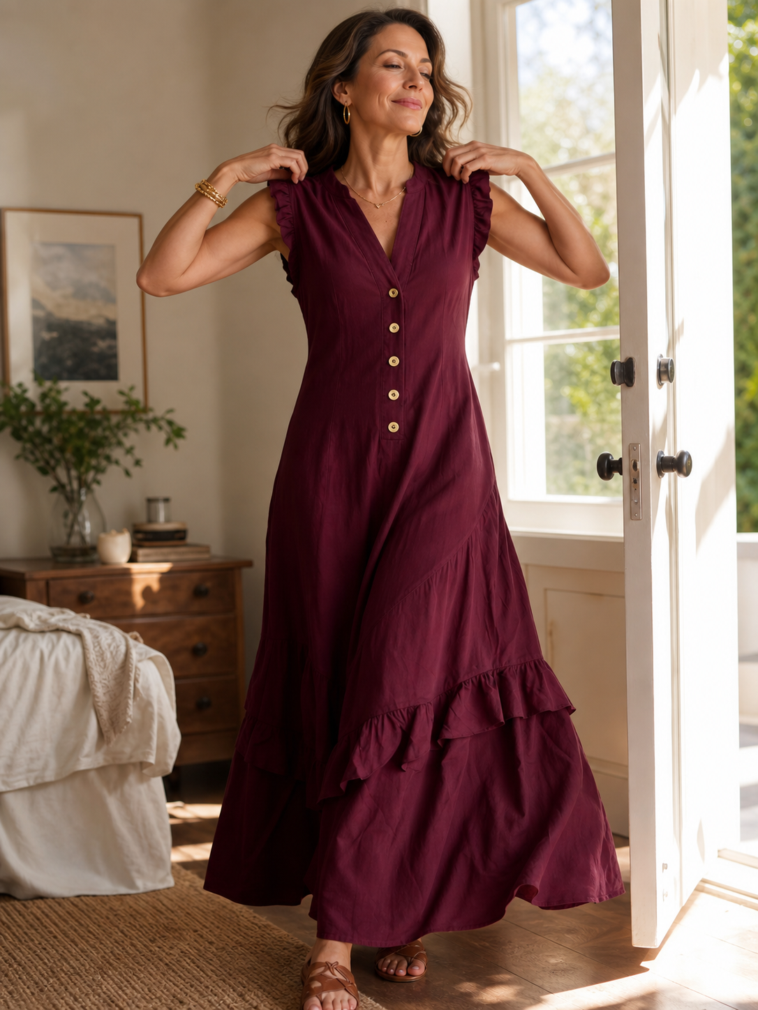 Delia Raffi™ Vestito maxi fluido con volant per le giornate calde
