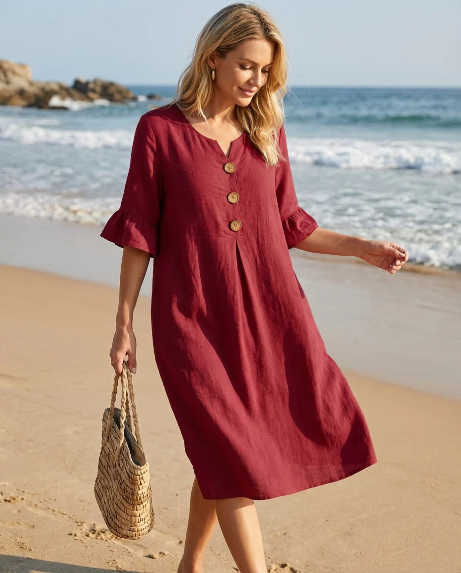 Francesca Zofia Light Linen Dress with Buttons - upper body and neckline detail