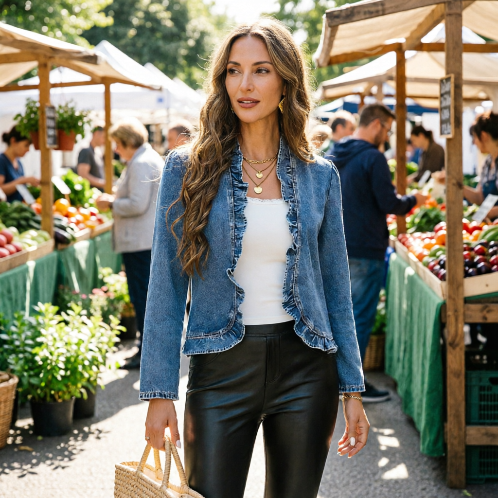 Gianna Castelli™ Giacca di jeans aperta sul davanti con rifiniture a balze
