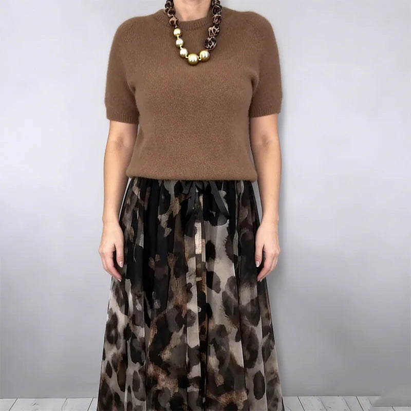 Giulia Giulia Greco Effortless Leopard Sweater Skirt Set - side profile of two-piece womens set
