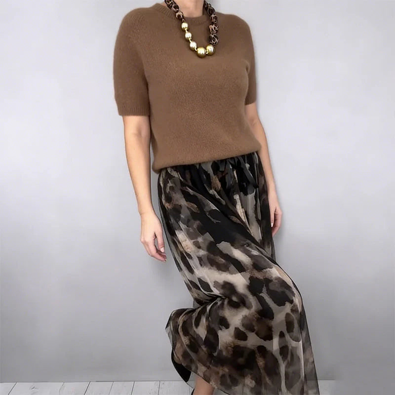 Giulia Giulia Greco Effortless Leopard Sweater Skirt Set - back view of sweater and leopard skirt