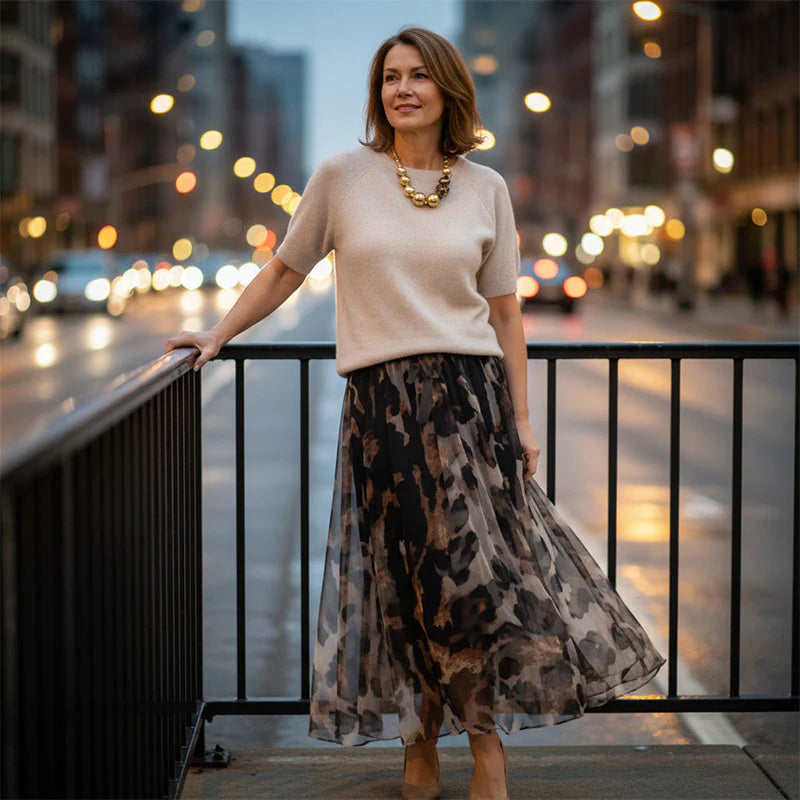Giulia Giulia Greco Effortless Leopard Sweater Skirt Set - full length view of womens two-piece set