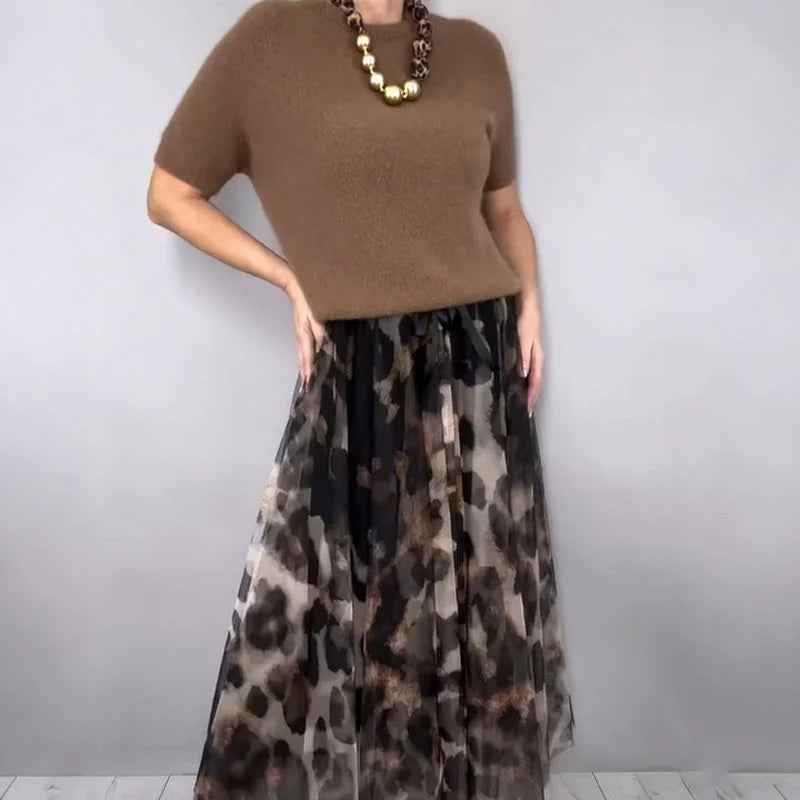 Giulia Giulia Greco Effortless Leopard Sweater Skirt Set - front view of two-piece womens set