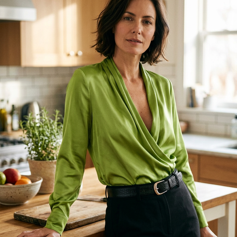 Iolanda Sartori™ Blusa elegante drappeggiata in raso a maniche lunghe