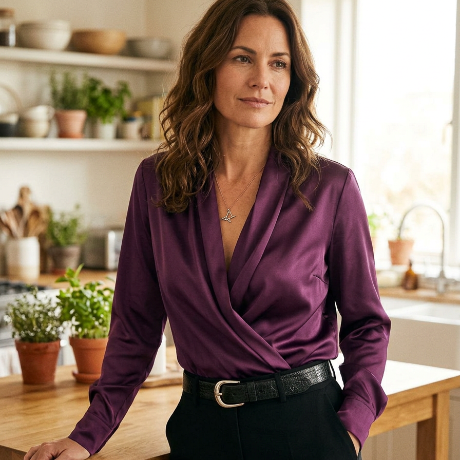 Iolanda Sartori™ Blusa elegante drappeggiata in raso a maniche lunghe