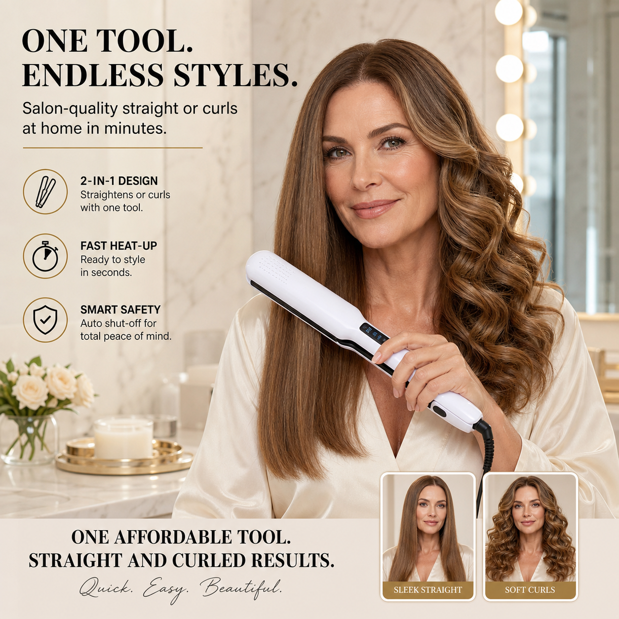 Ionvelle™ Piastra ionica 2 in 1 per capelli lisci e ricci senza effetto crespo
