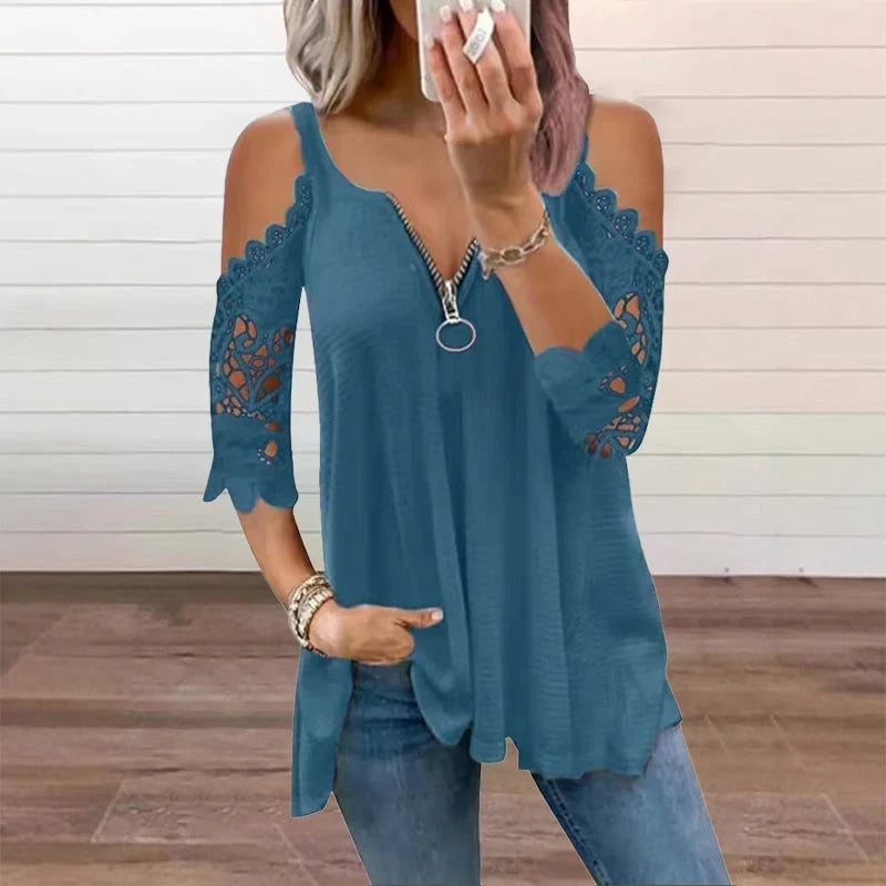 Larissa Belmonte™ Blusa elegante con spalle scoperte e pizzo