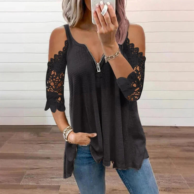 Larissa Belmonte™ Blusa elegante con spalle scoperte e pizzo