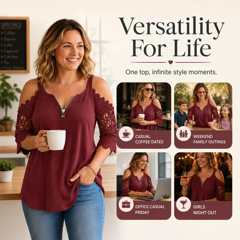 Larissa Belmonte™ Blusa elegante con spalle scoperte e pizzo