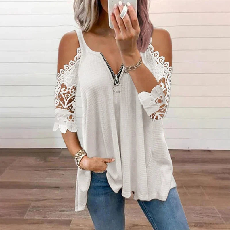 Larissa Belmonte™ Blusa elegante con spalle scoperte e pizzo